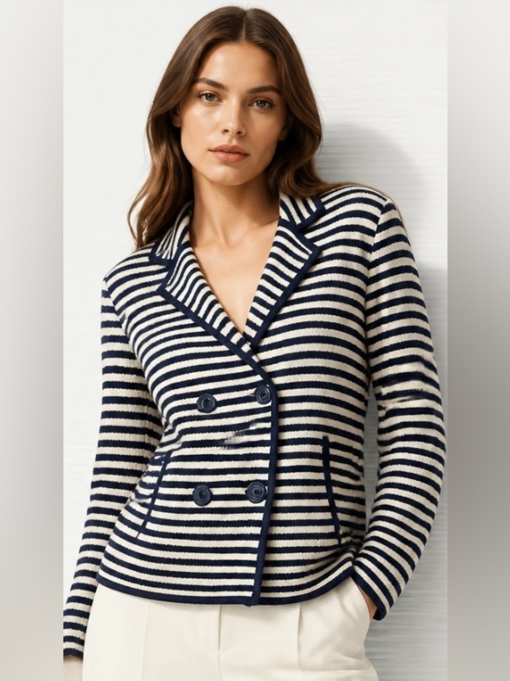 PHILIPPE ADEC Paris Navy Cream Striped Double Breasted Nautical Knit Blazer L
